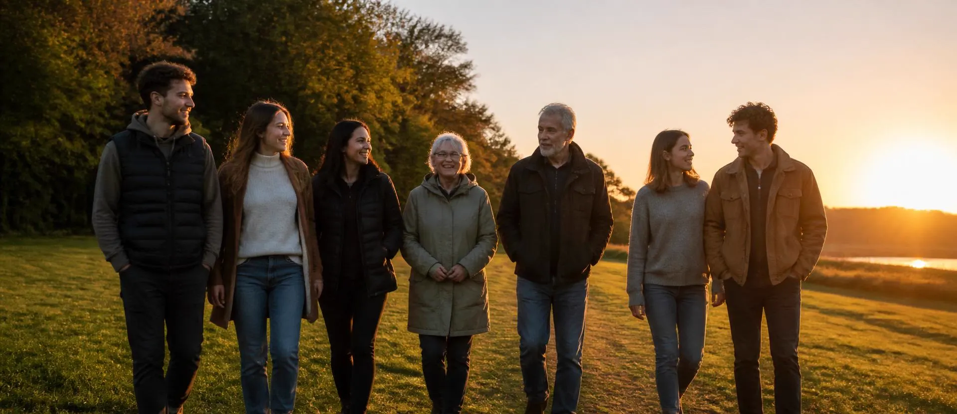 Grupo de pessoas caminhando e conversando em área verde ao amanhecer