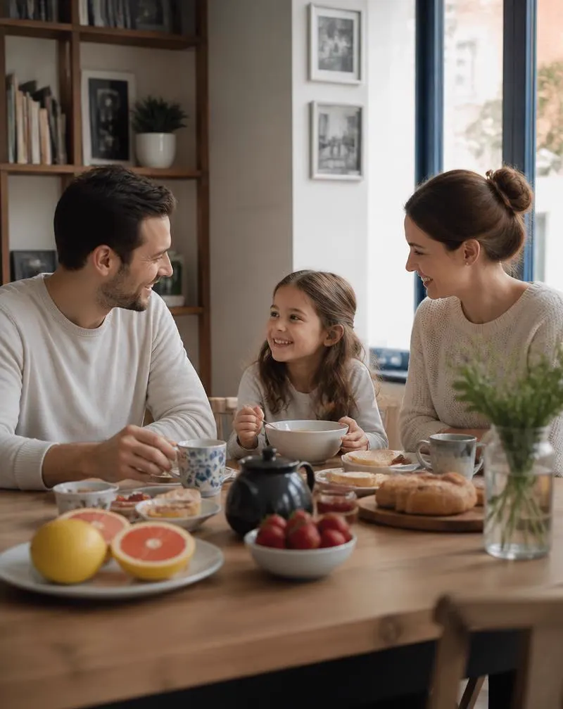 Família compartilhando um café da manhã saudável com luz natural